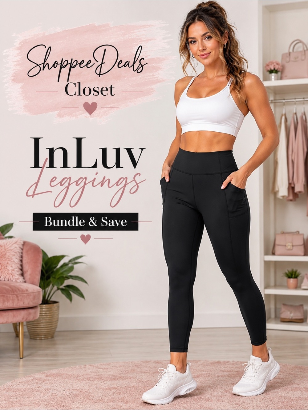 InLuv Black High Rise Pocket Leggings Women’s Medium 25” Inseam